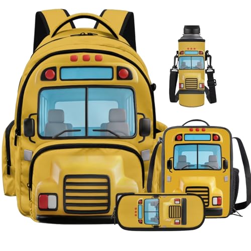Classic School Bus Backpack with Lunch Box and Water Bottle Pouch Girls Boys Lightweight Big Pencil Case Pouch 4PCS Set Bookbag with Compartments 17 inch Study School Bag Kids Back to School - color: Classic School Bus