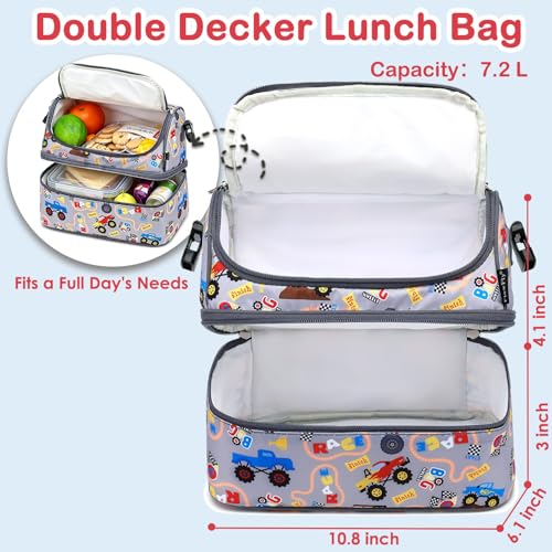 FlowFly Double Decker Cooler Insulated Lunch Bag Large Tote for Boys, Girls, Men, Women, With Adjustable Strap (Truck) - color: Truck