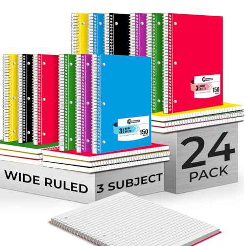 Rosmonde 24 Pack 3 Subject Spiral Notebook Wide Ruled, Extra Pages - 300 Pages (150 Sheets), 8 x 10-1/2", Bulk Subject Notebooks for School & Office, Thick Paper Fights Ink Bleed, Bulk Spiral Notebook - size: 24 Pack