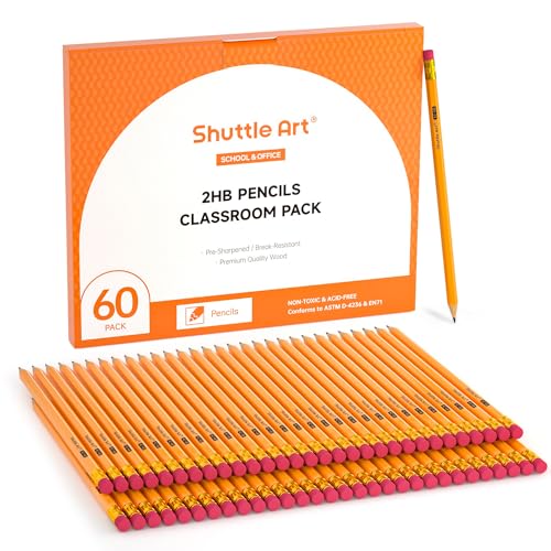 Shuttle Art 60 Pack Pencils, #2 HB, Pre-sharpened Pencils with Top Erasers, Premium Woodcased Yellow Pencil Bulk for Classroom & School Supplies, Writing and Drawing