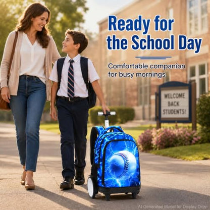KLFVB Big Quiet-Glide Wheels Wheeled Backpack, 3-in-1 Rolling Bookbag Set with Lunch Bag | Water-Resistant Roller Bag for Boys, School, Travel, Play - Lightning Baseball - color: Big Wheels Rolling Backpack - Lightning Baseball