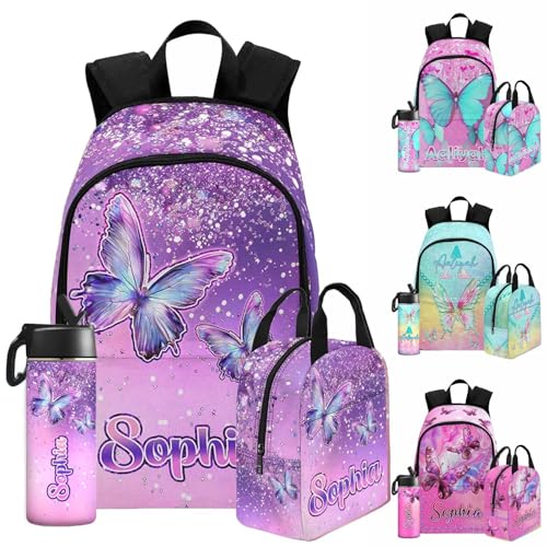 Personalized Girl Backpack Pink Purple Butterfly Schoolbag with Name Customize Book Backpacks Lunch Bag Set for Girls Handbag for Back to School Custom Book Bags for Girl - color: Color 11