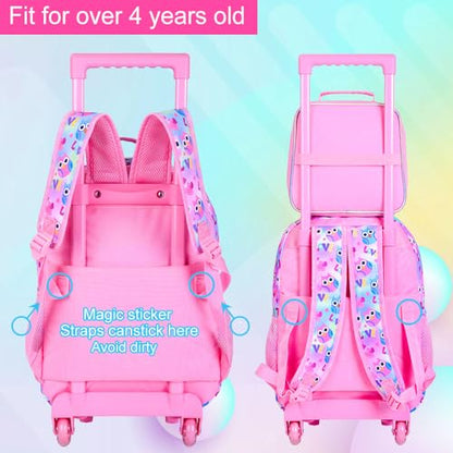 3Pcs Rolling Backpack for Girls, Kids Roller School Backpack with Wheels, Owl Wheeled Bookbag for Elementary Preschool Kindergarten(Pink) - color: Owl Pink