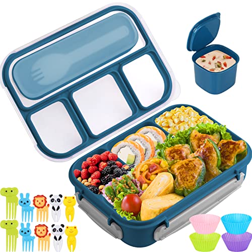 Yumuk Bento Box for Kids, 1300ML Lunch Box Kids with 4 Compartment & Food Picks Cake Cups, Lunch Box Containers for Adults/Kids/Toddler, Leak-Proof (Blue) - color: Blue
