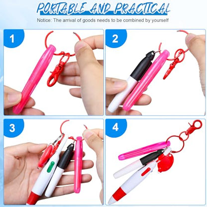 Chinco 30 Pcs Retractable Shuttle Pen Clip with Mini Highlighter Nurse Badge Pen Neon Marker LED Keychain Ring Clip - color: Pink, style: Bright