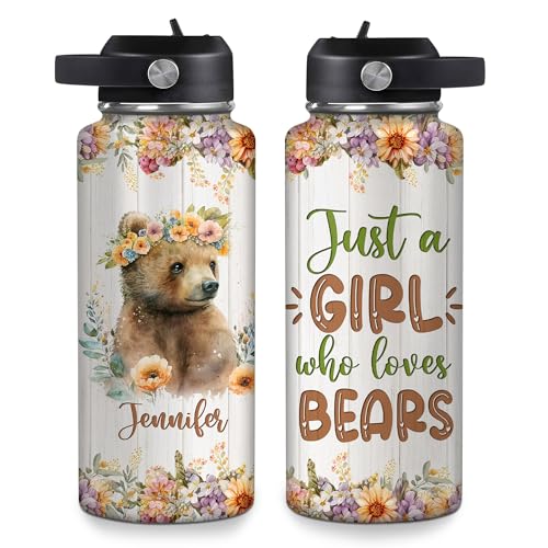 Hyturtle Personalized Bear Water Bottle - Travel Insulated Stainless Steel Bottle with Leak-Proof Lid 18oz 32oz - Cute Animal Gift for Women, Girls, Bear Lovers - Birthday & Christmas Gift - color: Bear