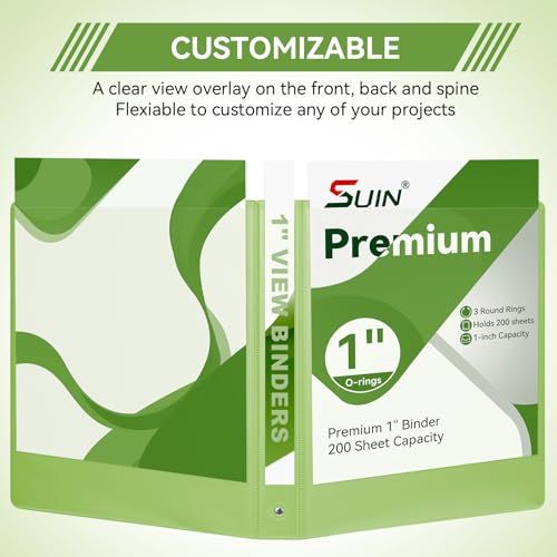 SUIN 1 Inch 3 Ring Binder, Clear 1'' View Presentation Binders with 2 Pockets, Fits 8.5 x 11 Letter Size, Durable Polypropylene, Non-Stick & PVC-Free for School, Office & Home (Kelly Green) - color: Kelly Green