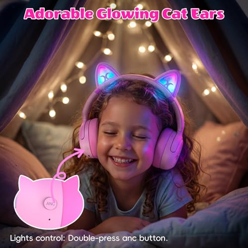 Kids Bluetooth Headphones with LED Cat Ears, Active Noise Cancelling Headphones for Kids, 85dB Safe Volume, 40H Play Time, Bluetooth 6.0, Fast Charging, Built-in Mic for iPad/Tablet/Airplane, Pink - color: Pink
