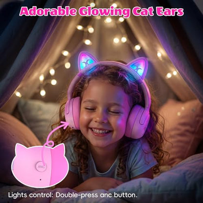 Kids Bluetooth Headphones with LED Cat Ears, Active Noise Cancelling Headphones for Kids, 85dB Safe Volume, 40H Play Time, Bluetooth 6.0, Fast Charging, Built-in Mic for iPad/Tablet/Airplane, Pink - color: Pink