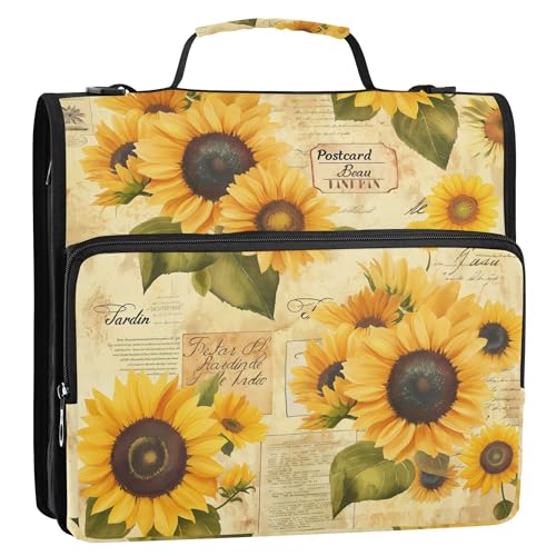 Sunflowers Zipper Binder with Shoulder Strap, 500 Sheets Capacity, Multiple Pockets 1.5Inch 3 Ring Zipper Binder - color: Sunflowers