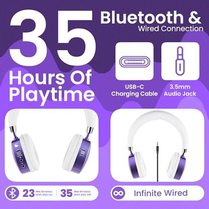 Puro Sound Labs Noise Cancelling Headphones for Kids - 85 dB Volume Limit, Built in Mic, 35-Hour Battery, Lightweight On Ear Design & Comfy Fit, Bluetooth Headphones for Kids – PuroQuiet Plus, Purple - color: Purple