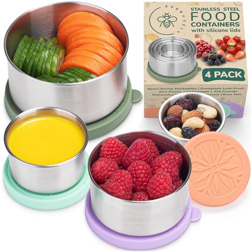 Everusely - Stainless Steel Food Containers - 4 Pack, Garden Harvest - Metal Lunch Box - Nesting Snack Containers for Office, Home Food Storage - Leakproof Silicone Lids - Dishwasher and Freezer Safe - color: Pack of 4