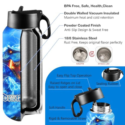 D-Story Personalized Kids Water Bottle with Name, 18 oz Custom Stainless Steel Vacuum Insulated Tumbler, Leak-Proof Straw Lid, Back to School Gifts - Soccer Dinosaur, Racing Car Cool Theme - color: Sci-fi special effects 01