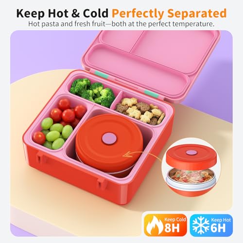Bento Box for Kids, Lunch Box with Sticker and Leak-Proof Vacuum Food Jar, 4 Compartment BPA-Free Toddler Bento Box for School, Machine-Washable and Removable Compartments for Boy(Pink) - color: Pink