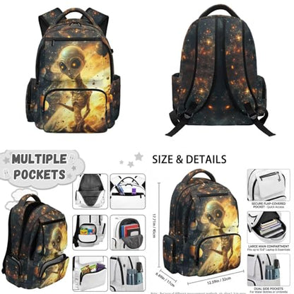 Cool Alien Backpack with Lunchbox for Boys Girls Kids Backpack with Lunch Box Water Bottle Carrier with Strap and Soft Pencil Case 4PCS Set Bookbag with Front Pocket for Teens Back to School - color: Cool Alien