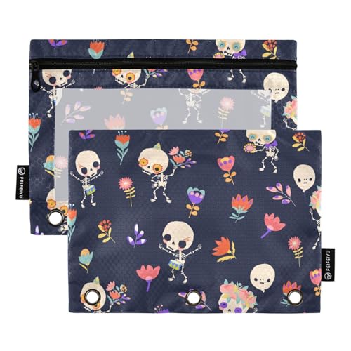 ZAZYXTJ Skull Binder Pencil Pouchs 3 Ring with Zipper Clear Window | Office Organizers bag for School Students Teacher Supplies 2 Pack - color: Skull