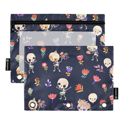 ZAZYXTJ Skull Binder Pencil Pouchs 3 Ring with Zipper Clear Window | Office Organizers bag for School Students Teacher Supplies 2 Pack - color: Skull