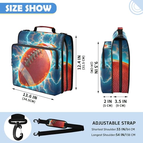 Lightning Football 3 Ring Zipper Binder Bag with Laptop Pockets and Shoulder Strap Tote Binders Organizer Case for School Office - color: Football