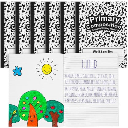 Henoyso 6 Pack Primary Composition Notebook for Kids, K-2 Journal with Half Blank Half Lined Pages, Draw and Write Journal for Kindergarten, 1st & 2nd Grade, Classic Black Covers - color: Black