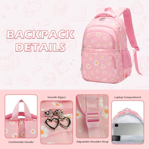 Glodwheat Daisy Printed Backpack For Girls- 3Pc Set With Lunch Box & Pencil Case, Lightweight Water-Resistant Bookbag For Elementary School - color: Pink