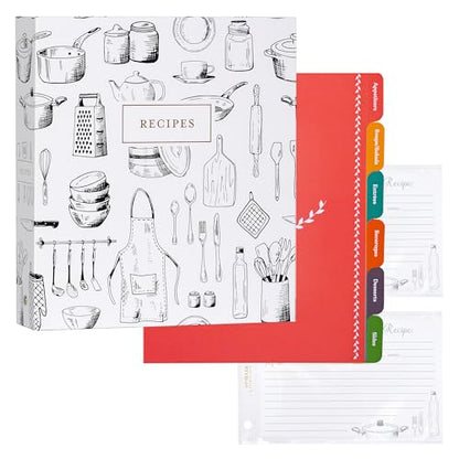 Jot & Mark 8.5" x 9.5" 3 Ring Recipe Binder 50 Matching 4x6 inch Recipe Cards, 25 Top & Bottom Binder Sleeve Sheet Protector, 5 Full-Page Undivided Sleeves, 6 Divider Tabs, Culinary Crockery | 50 Recipe Cards + 25 Sleeve Protectors + 5 Full-Page Sleeves +