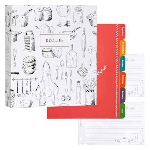 Jot & Mark 8.5" x 9.5" 3 Ring Recipe Binder 50 Matching 4x6 inch Recipe Cards, 25 Top & Bottom Binder Sleeve Sheet Protector, 5 Full-Page Undivided Sleeves, 6 Divider Tabs, Culinary Crockery | 50 Recipe Cards + 25 Sleeve Protectors + 5 Full-Page Sleeves +