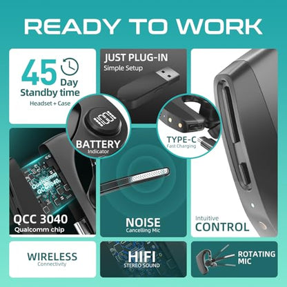 Herloreen Bluetooth Headset with Mic for Work, Wireless Earpiece for PC Laptop and Phone, Noise Canceling Mic, 48H Talk Time, Charging Case, for Call Center, Remote Work, Trucker - style: Headset + Charge Case-K30