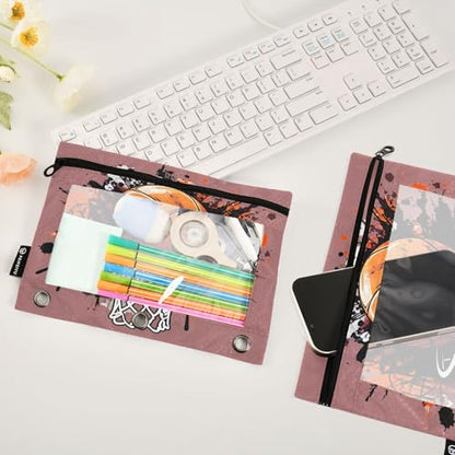 ALAZA Pencil Pouch for 3 Ring Binder, Splash Basketball Basket Hoop Binder Pencil Pouches with Clear Window Zipper Pencil Case Cosmetic Bags for Office College Supplies, 2PCS