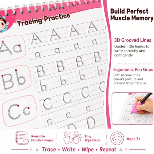 Large Magic Grooved Writing Practice for Kids 3-5, Grooved Writing Books for Kids 6-8, Handwriting Practice Ages 5-7, Preschool Learning Activities (Practice 6-Books)