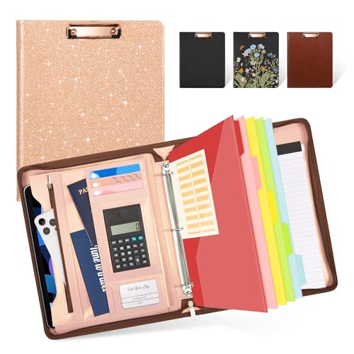 Ospelelf Clipboard with Storage, 3 Ring Binder with Zipper, Leather Padfolio Portfolio Folder, Calculator, 12.1” Tablet Sleeve, 5 Dividers with Pocket|Refillable Notepad, Card Slot (Rose Gold) - color: Rose Gold