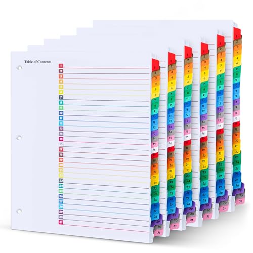 Tab Dividers for 3 Ring Binders – 6 Sets, 1–31 Numbered Index Dividers with Table of Contents – 8.5 x 11 in, 3-Hole Punched – Binder Dividers for School, Office, Filing, Organizing - 6 Pack - size: 1-31 Tabs