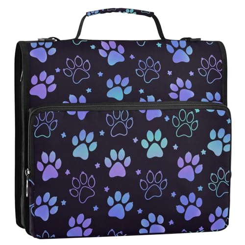Zipper 3 Ring Binder Bag Dog Paw Expanding File Portfolio Storage Organizer 2-Inch, 500 Sheets Multi-Pocket Shoulder Strap for School Office Kids Adults - color: Blue Black Dog Paw