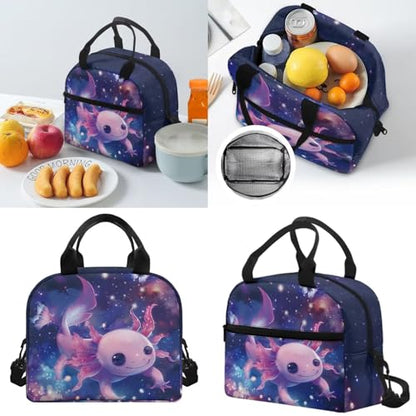 Horeset Axolotl Galaxy Space Backpack for Kids Girls 3Pcs School Bag with Water Carrier Pouch Picnic Insulated Lunch Tote Bag, Travel Bookbag Rucksack for Youth Primary Middle School Student - color: Axolotl Galaxy Space