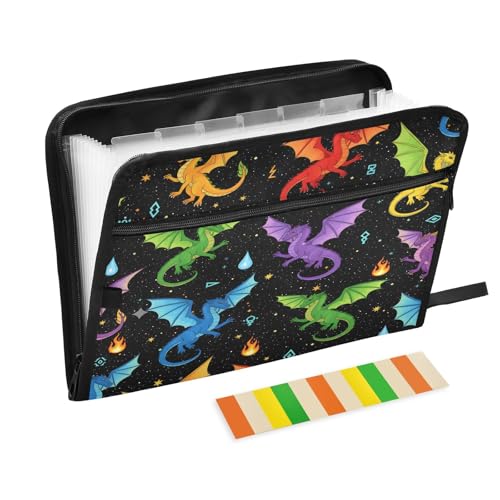 Colorful Dragon 13 Pocket File Organizer Expanding File Folder with Front Pouch Portable Business File Storage Document Organizer Folder with Zipper - color: Colorful Dragon