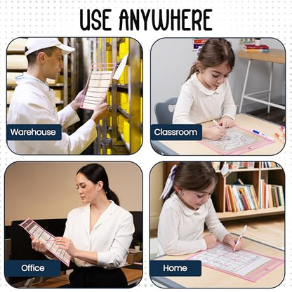 Essex Wares - 6 Pack, Pink, Dry Erase Pocket Document Protectors, 10" Wide x 13.5" Tall - Dry Erase Clear Plastic Sleeves - Reusable & Easy Erase Plastic Invoice Holders, Water-Resistant & Durable - color: Pink
