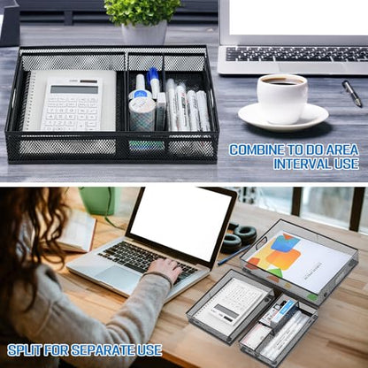 Mesh Metal Desk Drawer Organizer Tray 12.3"x8.3"x1.7" Pen Drawer Organizer Desktop Paper Storage Tray File Organizer with Handle for Home,Office,School Supplies Black