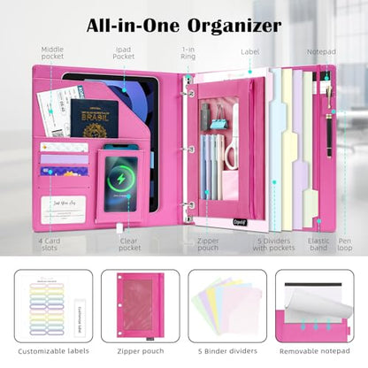 Ospelelf Glitter Leather Clipboard Binder 1 Inch, Magnetic Clipboard Folio Organizer with 5 Pocket Dividers & Zipper Pouch, Cute 3 Ring Document Organizer Binder for Office, Glitter Pink - color: Glitter Pink