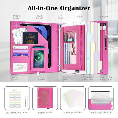 Ospelelf Glitter Leather Clipboard Binder 1 Inch, Magnetic Clipboard Folio Organizer with 5 Pocket Dividers & Zipper Pouch, Cute 3 Ring Document Organizer Binder for Office, Glitter Pink - color: Glitter Pink