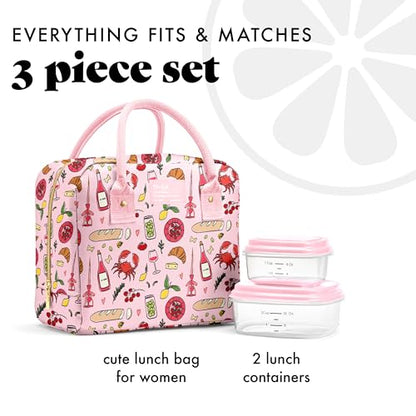 Fit & Fresh Bloomington Lunch Bag for Women - Insulated Large Lunch Box for Work with Containers, Leak-Resistant, Stain-Resistant, Zipper Closure, Pink Pasta Dinner - color: Pink Pasta Dinner