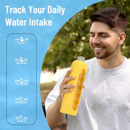Sursip 32 oz Glass Water Bottle, Time Marker with Silicone Sleeve & Lid | 1 Liter BPA-Free Motivational Bottle, Leak-Proof Dishwasher Safe - color: Milky White