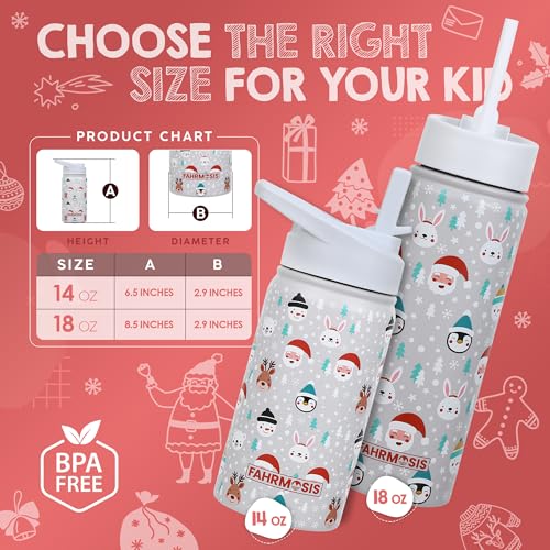 FAHRMOSIS 14 OZ Kids Water Bottle with Straw & 2 Lids (Flip & Spout) Leak Proof Metal Insulated Stainless Steel Reusable Tumbler for School & Sports Water Bottle - White (Winter) - color: White(Winter), style: Water Bottle - 14 OZ