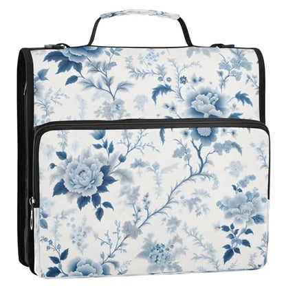 STAYTOP Blue and White Florals Zipper Binder, 3 Ring Binder with Shoulder Strap, 2 Inch 500 Sheets Capacity, Multi-Pocket Organizer with File Folder, School College Office