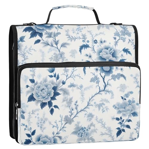 STAYTOP Blue and White Florals Zipper Binder, 3 Ring Binder with Shoulder Strap, 2 Inch 500 Sheets Capacity, Multi-Pocket Organizer with File Folder, School College Office
