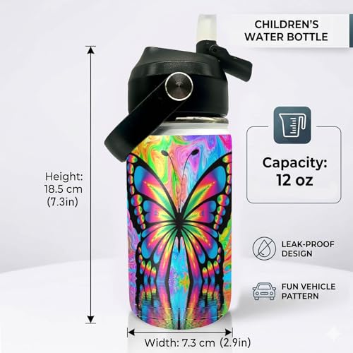 Butterfly Kids Water Bottle 12oz Stainless Steel Insulated Bottle Vacuum Leak Proof Straw Lid with Double Wall BPA Free School (Color3) - color: Color3