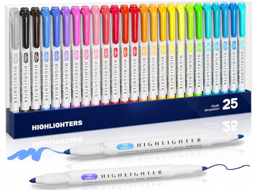 YOOUSOO 25 Pack Pastel Highlighters Assorted Colors, Dual Tip Chisel and Fine Tip Bible Highlighter, No Bleed Fluorescent Highlighter Pens for Classroom School Student Office Journals