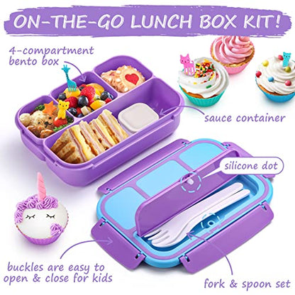 QQKO Bento Lunch Box for Kids Girls Boys, Toddler Kids Lunch Boxes for School, Lunch Containers for Adults with 4 Compartments, Sauce Container, Utensils, Food Picks and Muffin Cups, Purple - color: Purple