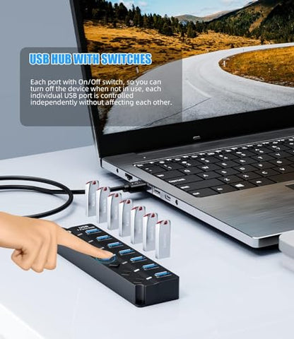 USB Hub for Laptop, SNLLMZI 7-Port USB 3.0 Hub Splitter with Individual On/Off Switches and Lights, 4ft/1.2m Long Cable Compatible for Laptop,PC Computer,Surface Pro,PS4/5,Flash Drive,Mobile HDD,etc.
