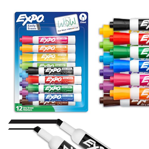 EXPO Dry Erase Markers, Low Odor Ink, Assorted Colors, Chisel Tip, 12 Count - size: 12 Count
