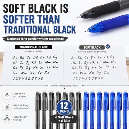 Volcanics Erasable Gel Pens, 0.7mm Fine Point Gel Erasable Ink Pens with Eraser - Rocket Book Pens, Soft Black and Blue, 12 Pack, Smooth Writing Pens Pencil-Like Precision for Home School & Office - color: Black and Blue, size: 1 Count (Pack of 12)