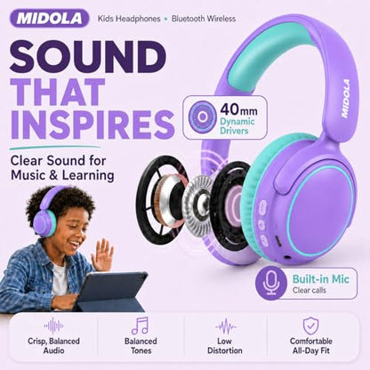 MIDOLA Active Noise Cancelling Kids Bluetooth Headphones,68H Play Time,Lightweight Wireless Foldable Over-Ear Headphone for Kid Toddler,Volume Limited 85/94dB,Headsets with Built-in Mic Purple - color: Purple